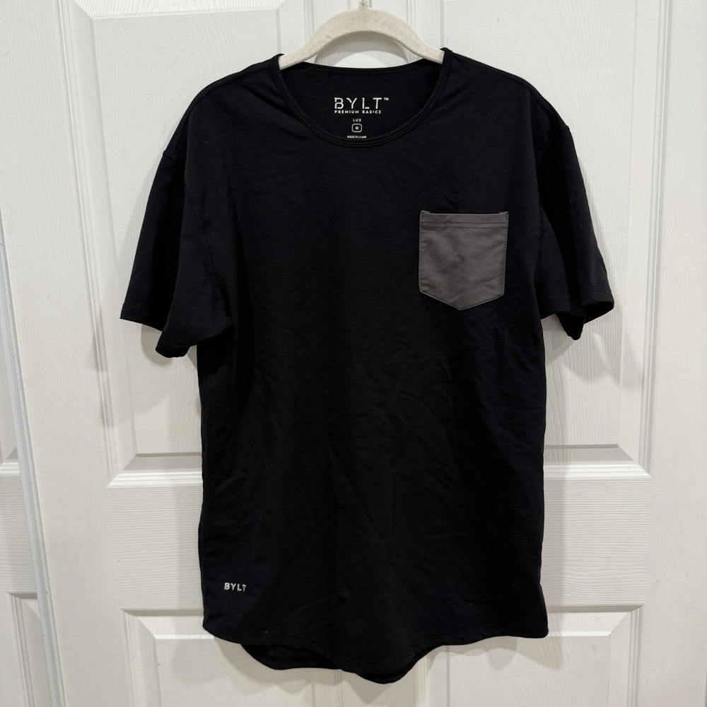 BYLT Premium Basics Drop Cut Pocket Lux Black‎ Short Sleeve Crew Neck Men Sz Med